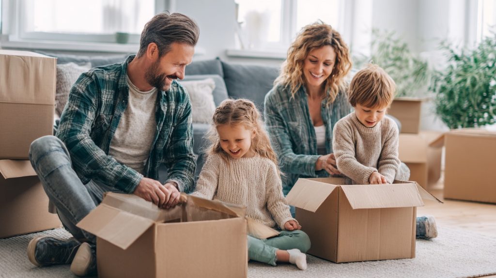 Surrey Movers assisting a family unpacking boxes in a bright and cozy living room